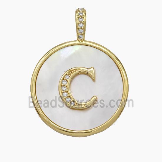 Copper Letter-C Pendant Pave Shell Zirconia Circle Gold Plated