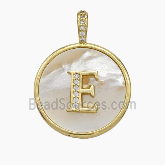 Copper Letter-E Pendant Pave Shell Zirconia Circle Gold Plated
