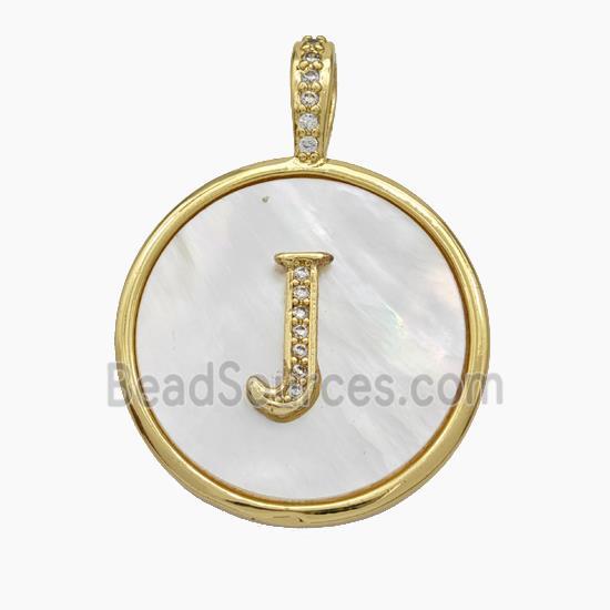 Copper Letter-J Pendant Pave Shell Zirconia Circle Gold Plated