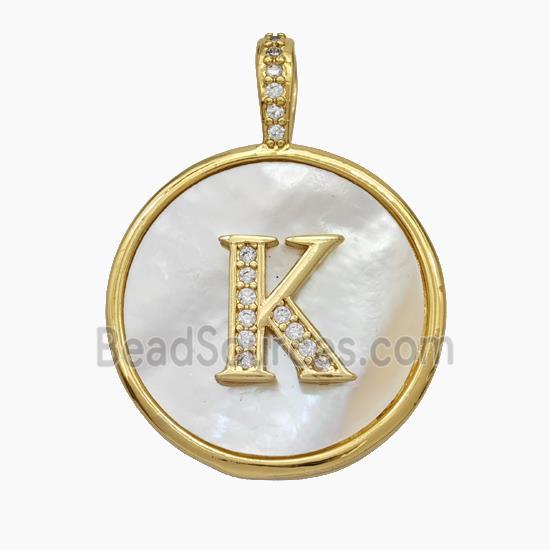 Copper Letter-K Pendant Pave Shell Zirconia Circle Gold Plated