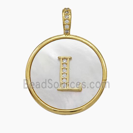 Copper Letter-L Pendant Pave Shell Zirconia Circle Gold Plated