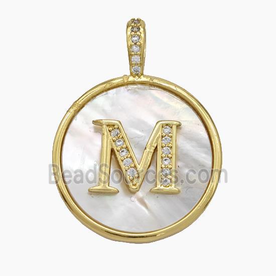 Copper Letter-M Pendant Pave Shell Zirconia Circle Gold Plated