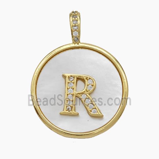 Copper Letter-R Pendant Pave Shell Zirconia Circle Gold Plated