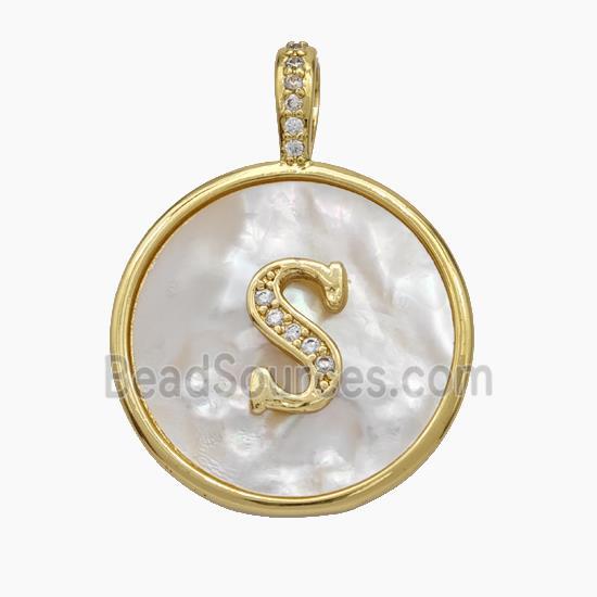 Copper Letter-S Pendant Pave Shell Zirconia Circle Gold Plated