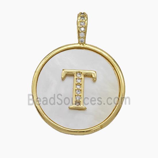 Copper Letter-T Pendant Pave Shell Zirconia Circle Gold Plated