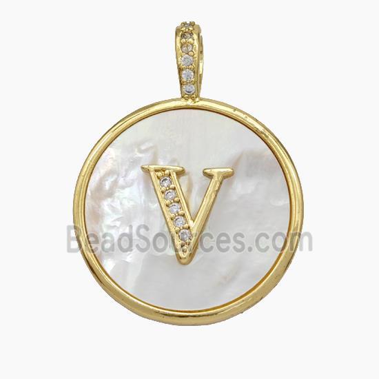 Copper Letter-V Pendant Pave Shell Zirconia Circle Gold Plated