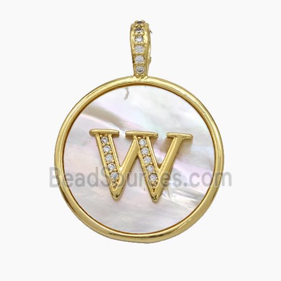 Copper Letter-W Pendant Pave Shell Zirconia Circle Gold Plated