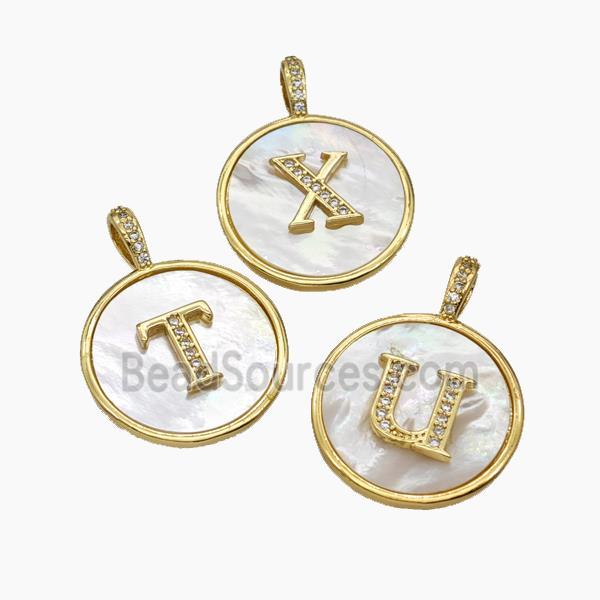 Copper Letter Pendant Pave Shell Zirconia Mix Alphabet Circle Gold Plated