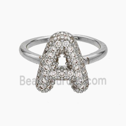 Copper Letter-A Rings Micropave Zirconia Platinum Plated