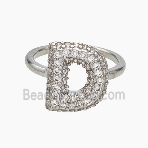 Copper Letter-D Rings Micropave Zirconia Platinum Plated