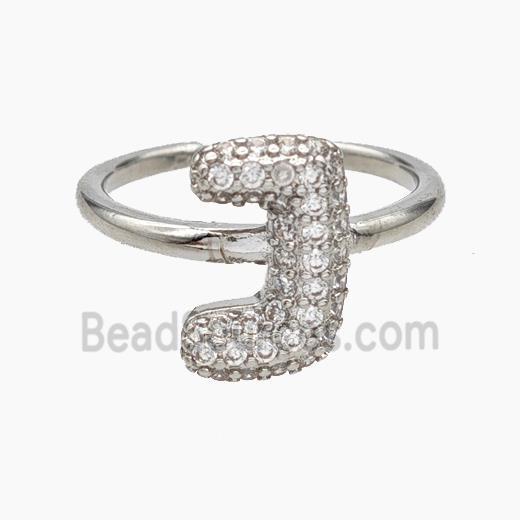 Copper Letter-J Rings Micropave Zirconia Platinum Plated