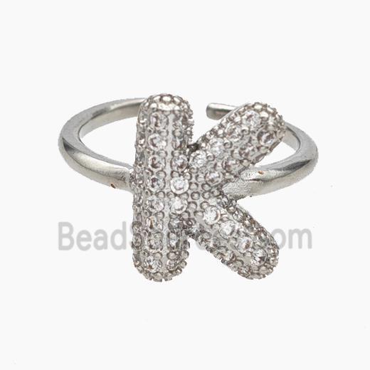 Copper Letter-K Rings Micropave Zirconia Platinum Plated