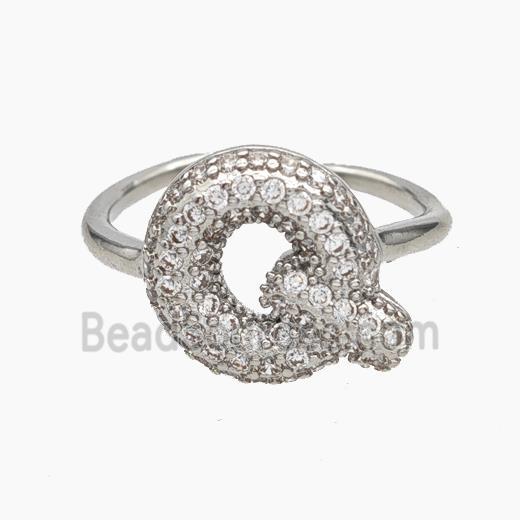 Copper Letter-Q Rings Micropave Zirconia Platinum Plated