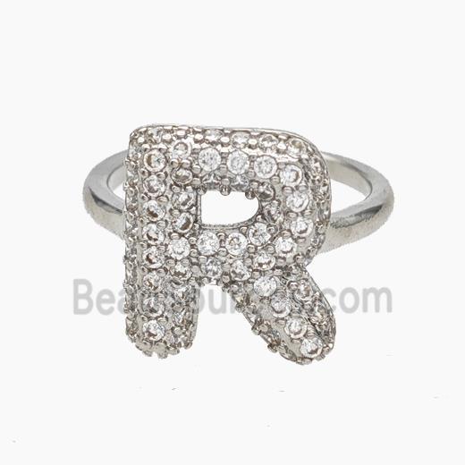 Copper Letter-R Rings Micropave Zirconia Platinum Plated