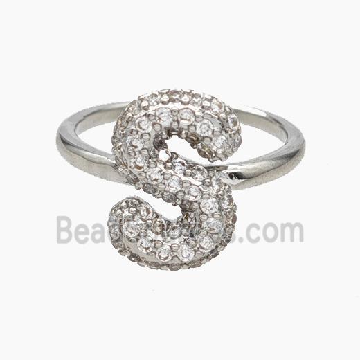 Copper Letter-S Rings Micropave Zirconia Platinum Plated