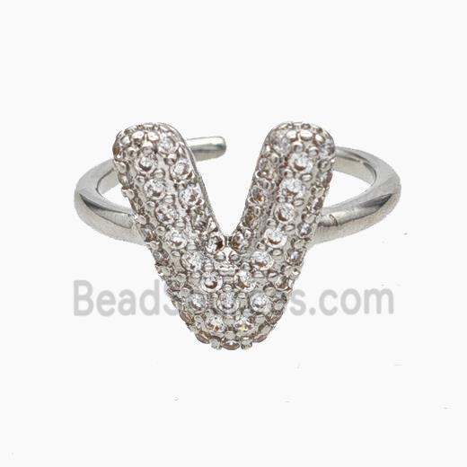 Copper Letter-V Rings Micropave Zirconia Platinum Plated