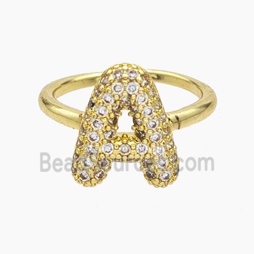 Copper Letter-A Rings Micropave Zirconia Gold Plated