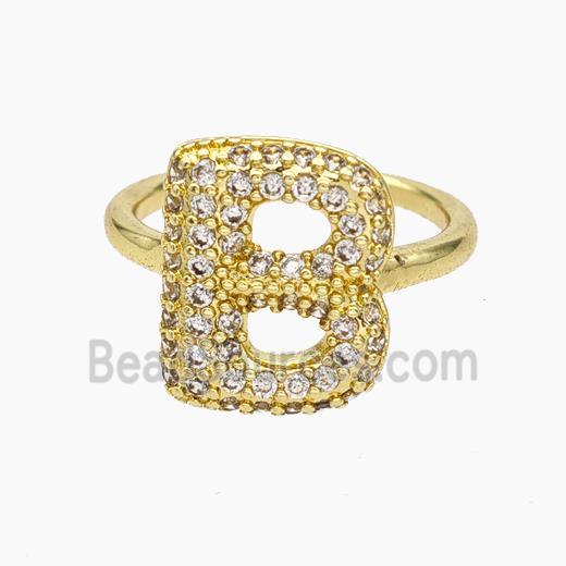 Copper Letter-B Rings Micropave Zirconia Gold Plated