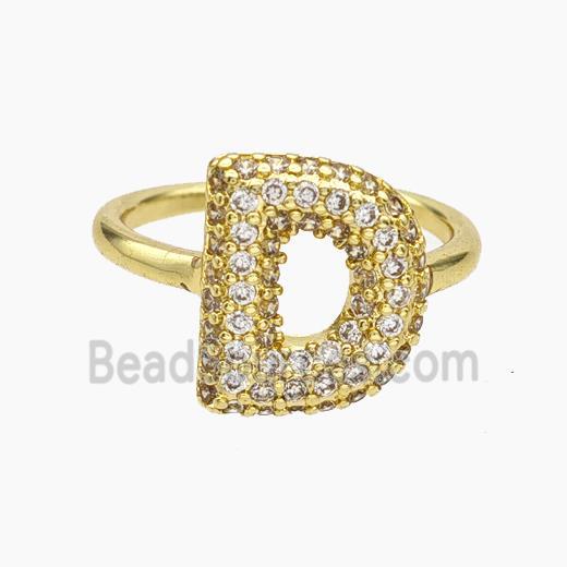 Copper Letter-D Rings Micropave Zirconia Gold Plated