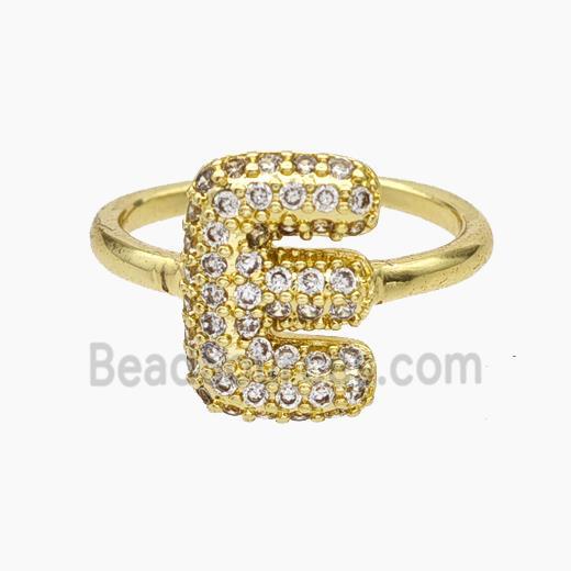 Copper Letter-E Rings Micropave Zirconia Gold Plated