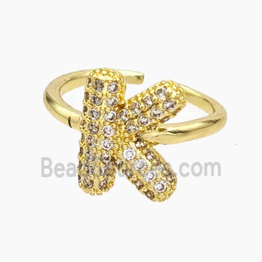 Copper Letter-K Rings Micropave Zirconia Gold Plated