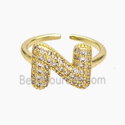 Copper Letter-N Rings Micropave Zirconia Gold Plated