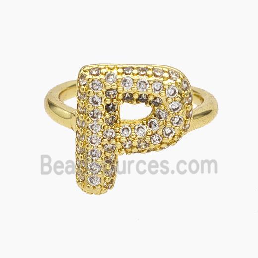 Copper Letter-P Rings Micropave Zirconia Gold Plated