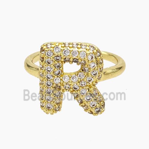 Copper Letter-R Rings Micropave Zirconia Gold Plated