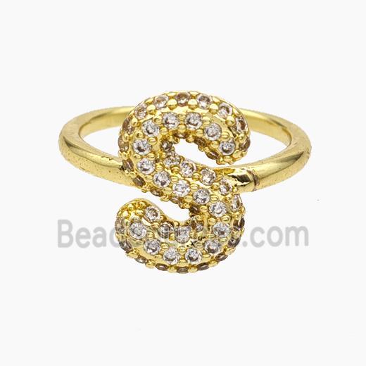 Copper Letter-S Rings Micropave Zirconia Gold Plated