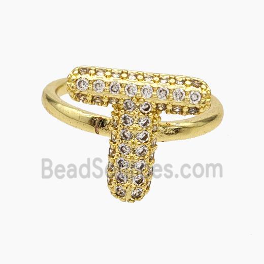 Copper Letter-T Rings Micropave Zirconia Gold Plated