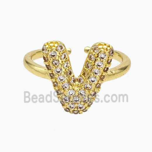 Copper Letter-V Rings Micropave Zirconia Gold Plated