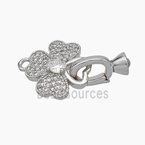 Copper Clover Clasp Pave Zirconia Cord-End Platinum Plated