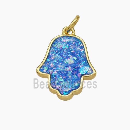 Copper Hamsahand Pendant Pave Blue Fire Opal 18K Gold Plated