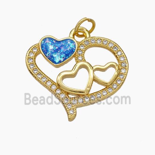 Copper Heart Pendant Pave Zirconia Blue Fire Opal 18K Gold Plated