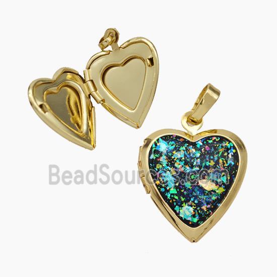 Copper Heart Locket Pendant Pave Fire Opal 18K Gold Plated