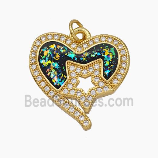 Copper Heart Pendant Pave Zirconia Black Fire Opal Star 18K Gold Plated