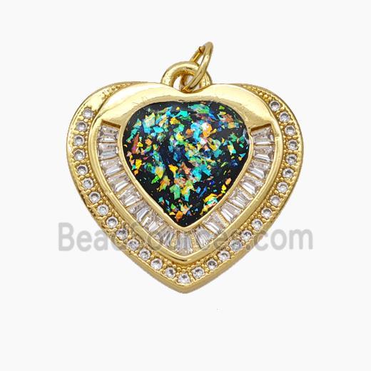 Copper Heart Pendant Pave Zirconia Rainbow Fire Opal 18K Gold Plated