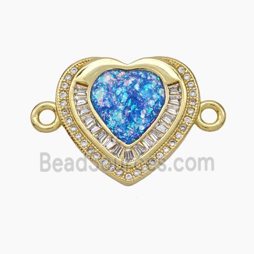 Copper Heart Connector Pave Zirconia Blue Fire Opal 18K Gold Plated