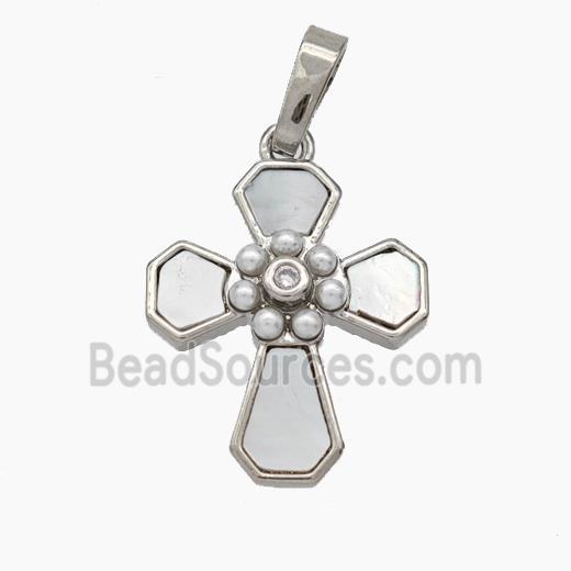 Copper Cross Pendant Pave Shell Pearlized Resin Platinum Plated