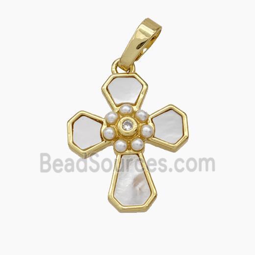 Copper Cross Pendant Pave Shell Pearlized Resin Gold Plated