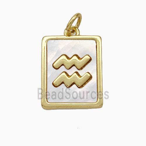 Copper Rectangle Pendant Pave Shell Zodiac Aquarius 18K Gold Plated
