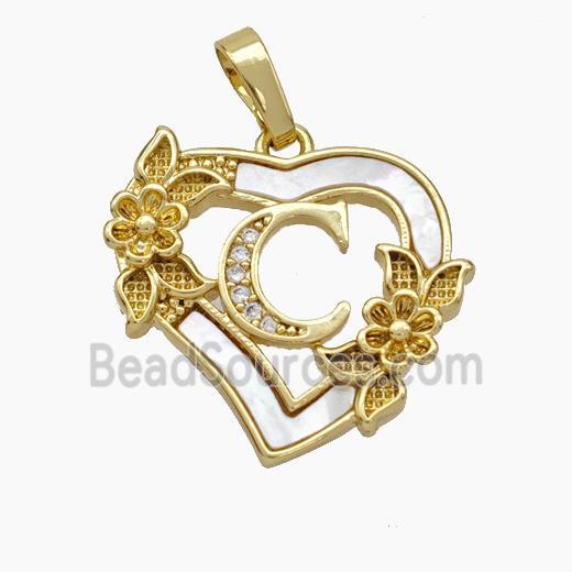 Copper Heart Pendant Pave Shell Zirconia Letter-C Flower 18K Gold Plated
