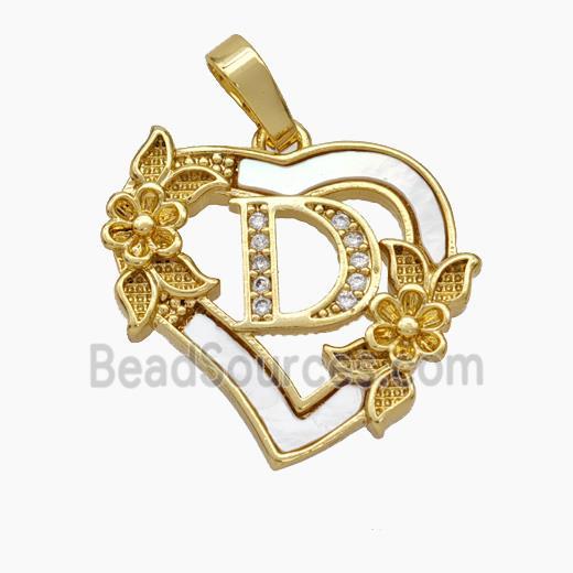Copper Heart Pendant Pave Shell Zirconia Letter-D Flower 18K Gold Plated