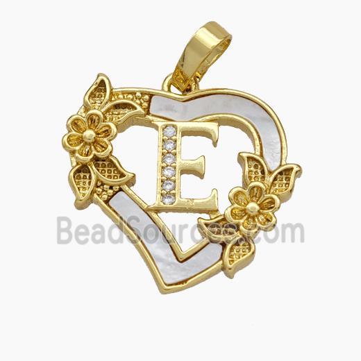 Copper Heart Pendant Pave Shell Zirconia Letter-E Flower 18K Gold Plated
