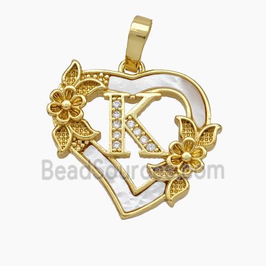 Copper Heart Pendant Pave Shell Zirconia Letter-K Flower 18K Gold Plated