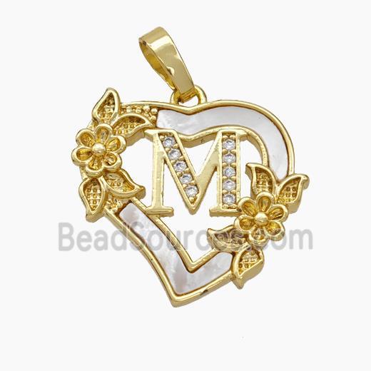Copper Heart Pendant Pave Shell Zirconia Letter-M Flower 18K Gold Plated