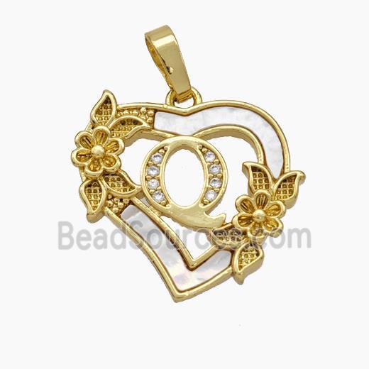 Copper Heart Pendant Pave Shell Zirconia Letter-Q Flower 18K Gold Plated