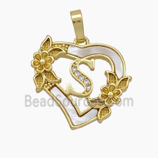 Copper Heart Pendant Pave Shell Zirconia Letter-S Flower 18K Gold Plated