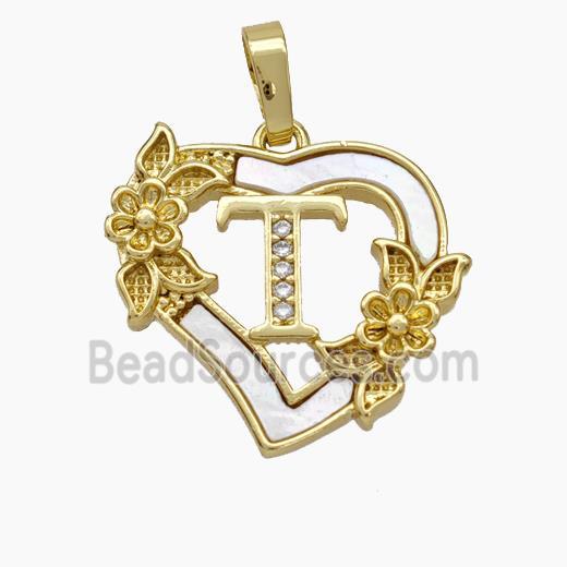 Copper Heart Pendant Pave Shell Zirconia Letter-T Flower 18K Gold Plated