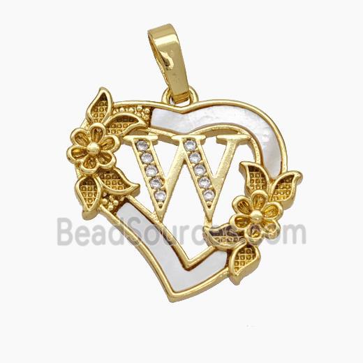 Copper Heart Pendant Pave Shell Zirconia Letter-W Flower 18K Gold Plated